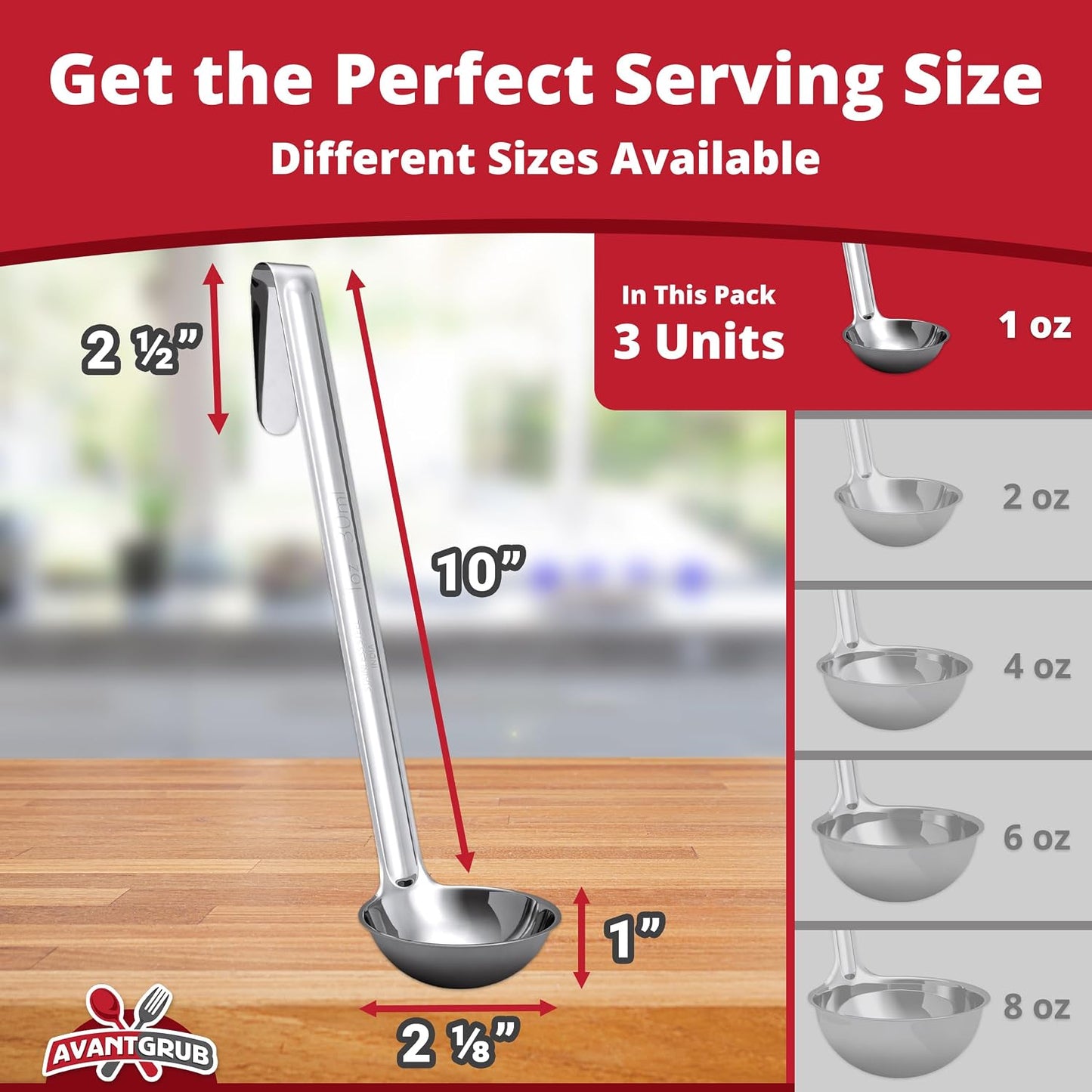 Sturdy, Ergonomic Combo Sizes Ladles 5 Pk. 1 2 4 6 8 Oz Stainless Steel Ladle with Long Handles. Best Kitchen Supplies for Stirring, Portioning and Serving Soup, Chili and Stew in Restaurants and Home