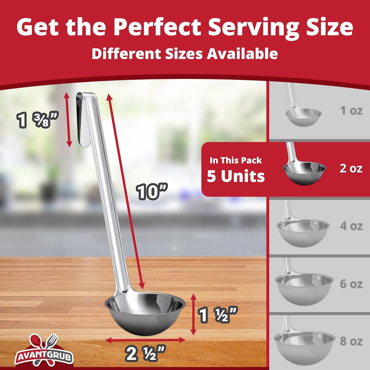 Sturdy, Ergonomic Combo Sizes Ladles 5 Pk. 1 2 4 6 8 Oz Stainless Steel Ladle with Long Handles. Best Kitchen Supplies for Stirring, Portioning and Serving Soup, Chili and Stew in Restaurants and Home