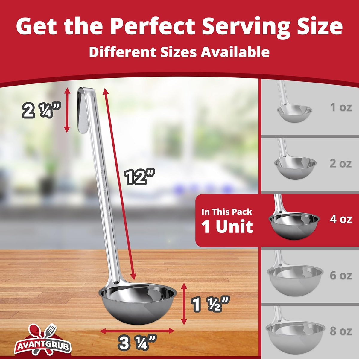 Sturdy, Ergonomic Combo Sizes Ladles 5 Pk. 1 2 4 6 8 Oz Stainless Steel Ladle with Long Handles. Best Kitchen Supplies for Stirring, Portioning and Serving Soup, Chili and Stew in Restaurants and Home