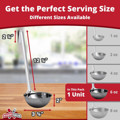 Sturdy, Ergonomic Combo Sizes Ladles 5 Pk. 1 2 4 6 8 Oz Stainless Steel Ladle with Long Handles. Best Kitchen Supplies for Stirring, Portioning and Serving Soup, Chili and Stew in Restaurants and Home