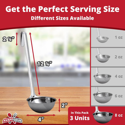 Sturdy, Ergonomic Combo Sizes Ladles 5 Pk. 1 2 4 6 8 Oz Stainless Steel Ladle with Long Handles. Best Kitchen Supplies for Stirring, Portioning and Serving Soup, Chili and Stew in Restaurants and Home