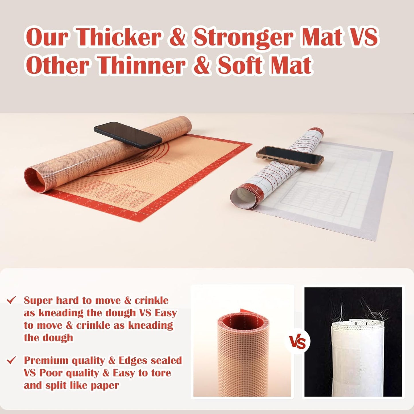 Non-slip Silicone Pastry Mat Extra Large Measurements 28''x 20'' Baking Mat | Silicone Baking Mat Counter Dough Rolling Oven Liner Fondant / Pie Crust Sourdough Bread Supplies - Red