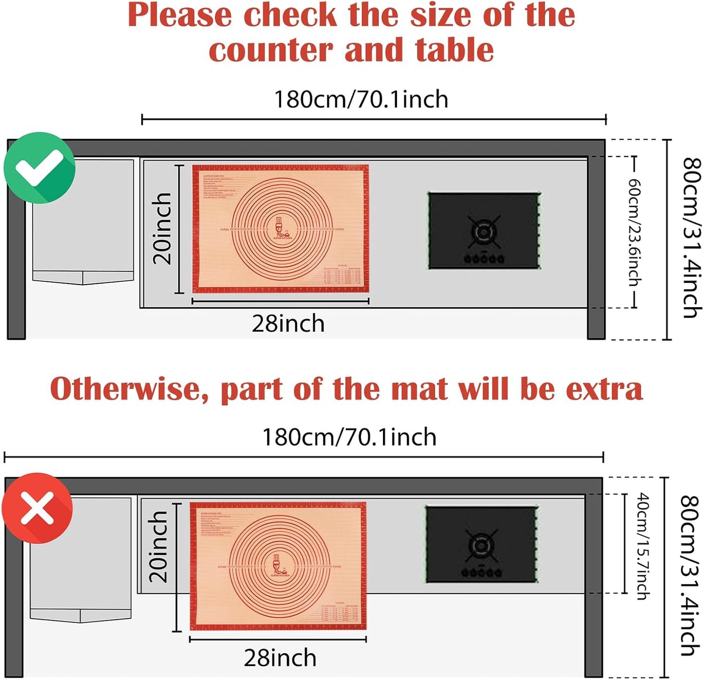 Non-slip Silicone Pastry Mat Extra Large Measurements 28''x 20'' Baking Mat | Silicone Baking Mat Counter Dough Rolling Oven Liner Fondant / Pie Crust Sourdough Bread Supplies - Red