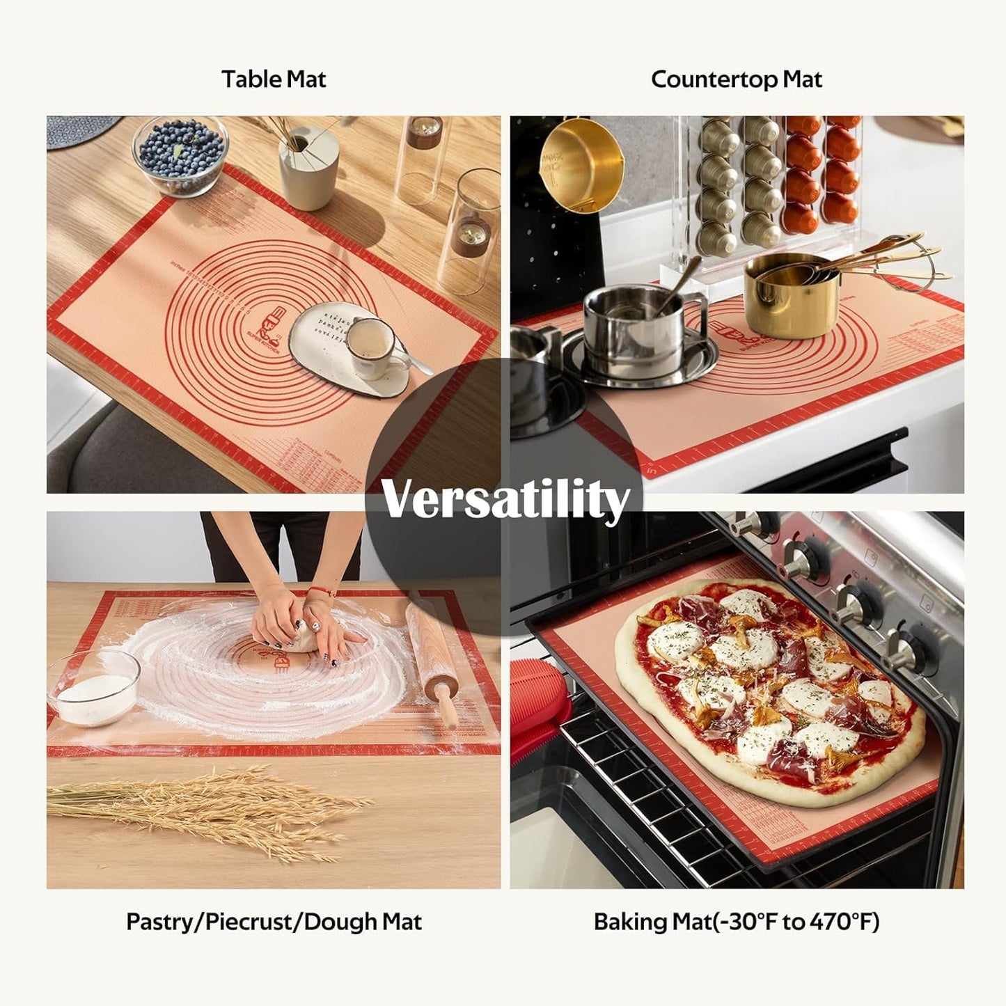 Non-slip Silicone Pastry Mat Extra Large Measurements 28''x 20'' Baking Mat | Silicone Baking Mat Counter Dough Rolling Oven Liner Fondant / Pie Crust Sourdough Bread Supplies - Red