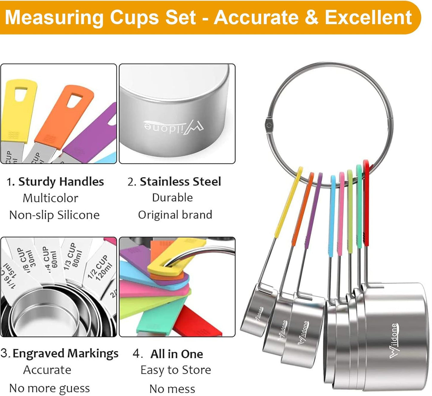 Stainless Steel 8-Piece Measuring Cups Set with Silicone Handle | Kitchen Gadgets for Cooking & Baking, Dishwasher Safe