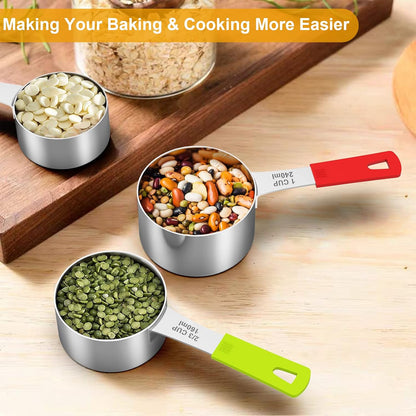 Stainless Steel 8-Piece Measuring Cups Set with Silicone Handle | Kitchen Gadgets for Cooking & Baking, Dishwasher Safe