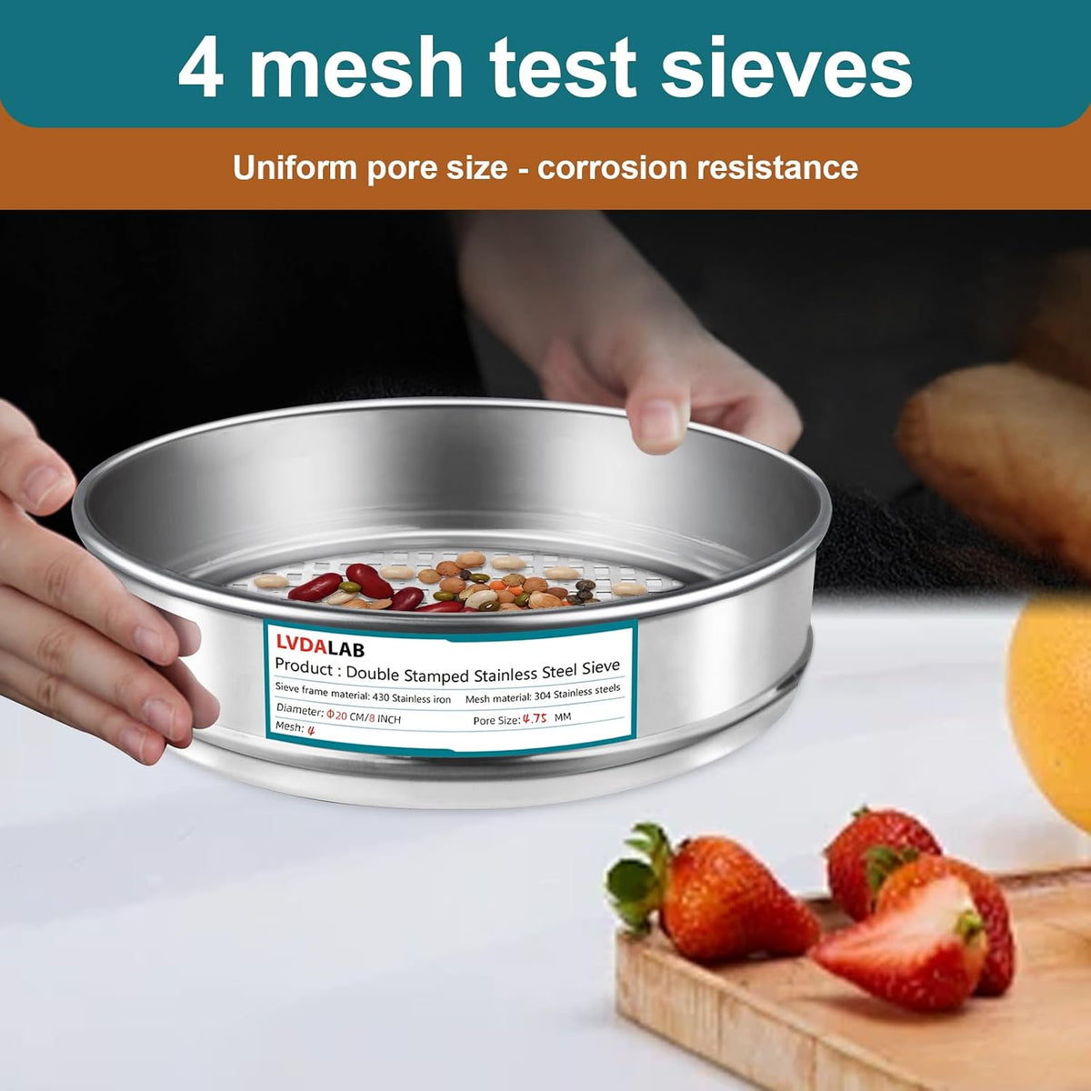 7.9" (20cm) 304 Stainless Steel Lab Sieve, 80 Mesh (0.2mm) Screen Sifter - Colors B