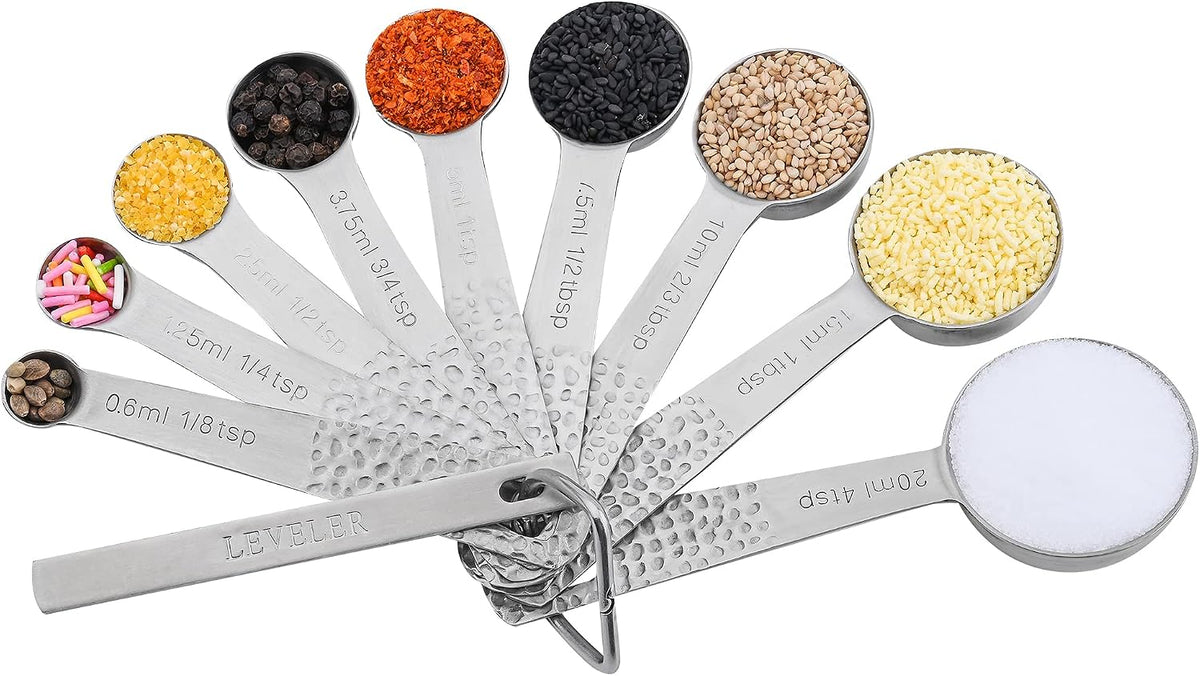 Measuring Spoons Set, 18/8 Stainless Steel Measuring Spoon Set 9 & Leveler, Metal Measuring Spoons for Baking, Kitchen Gadgets Measure Spoons, Measurement Spoons 1/8, 3/4, 4 tsp & 2/3 tbsp