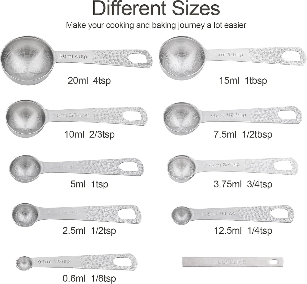Measuring Spoons Set, 18/8 Stainless Steel Measuring Spoon Set 9 & Leveler, Metal Measuring Spoons for Baking, Kitchen Gadgets Measure Spoons, Measurement Spoons 1/8, 3/4, 4 tsp & 2/3 tbsp