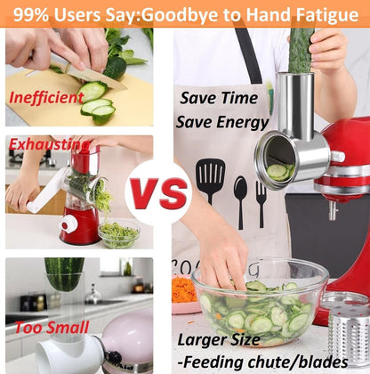 Large Stainless Steel Slicer Shredder Attachment for KitchenAid Mixers, Dishwasher Safe Salad Maker, Cheese Grater Accessories with 3 Blades & 1 Knob Thumb Screw