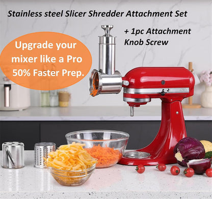 Large Stainless Steel Slicer Shredder Attachment for KitchenAid Mixers, Dishwasher Safe Salad Maker, Cheese Grater Accessories with 3 Blades & 1 Knob Thumb Screw