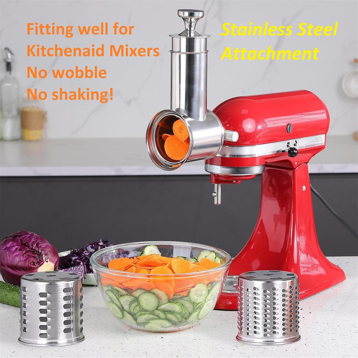 Large Stainless Steel Slicer Shredder Attachment for KitchenAid Mixers, Dishwasher Safe Salad Maker, Cheese Grater Accessories with 3 Blades & 1 Knob Thumb Screw