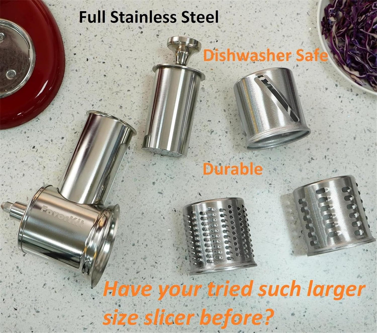 Large Stainless Steel Slicer Shredder Attachment for KitchenAid Mixers, Dishwasher Safe Salad Maker, Cheese Grater Accessories with 3 Blades & 1 Knob Thumb Screw