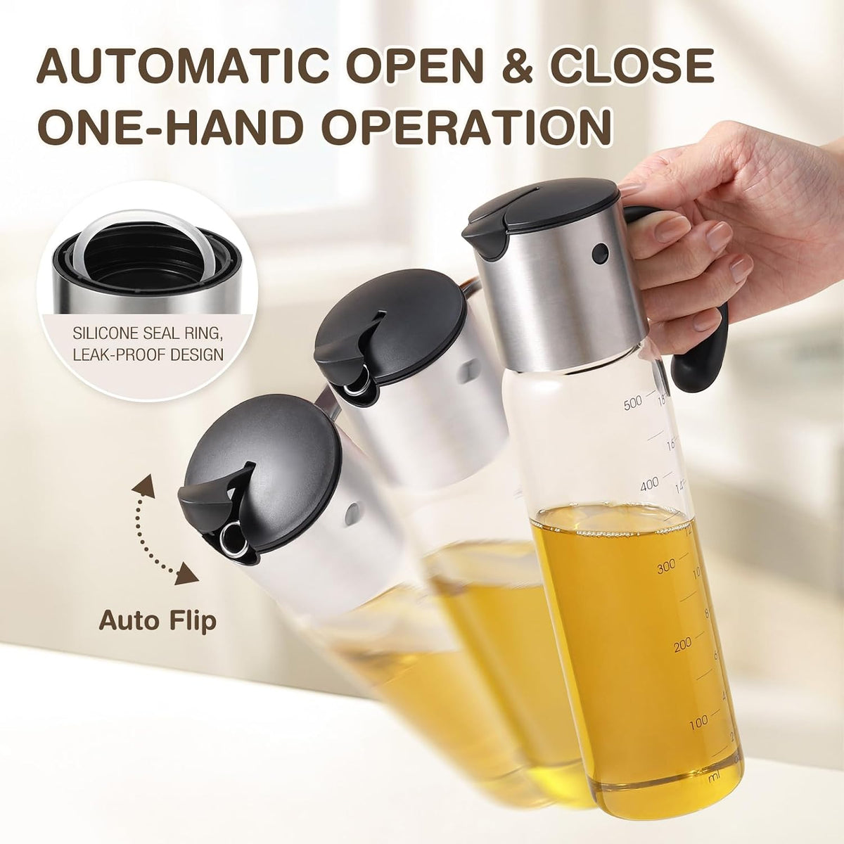 Large Olive Oil Dispenser Set Auto Flip No-Drip Cruet