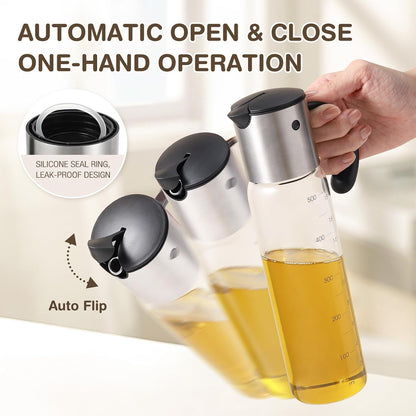 Large Olive Oil Dispenser Set Auto Flip No-Drip Cruet
