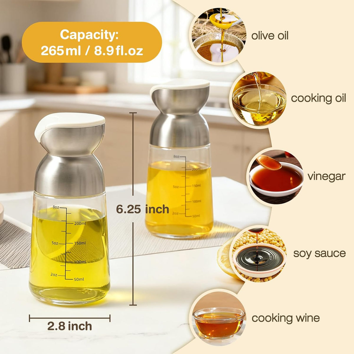 Large Olive Oil Dispenser Set Auto Flip No-Drip Cruet