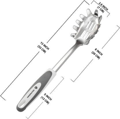 Premium Spaghetti Spoon Server Set - Stainless Steel Slotted Pasta Spoon and Fork with Comfortable Grip Design - Ideal for Serving and Straining Spaghetti, Noodles, and More - Set of 2 With Bonus Gift