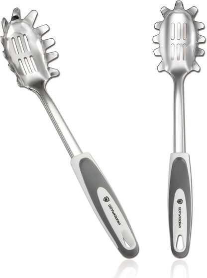 Premium Spaghetti Spoon Server Set - Stainless Steel Slotted Pasta Spoon and Fork with Comfortable Grip Design - Ideal for Serving and Straining Spaghetti, Noodles, and More - Set of 2 With Bonus Gift