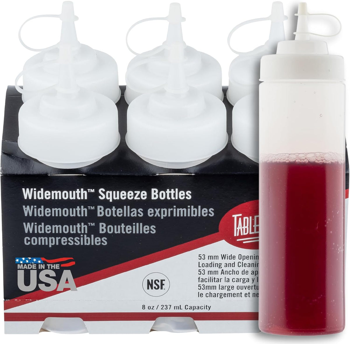 Plastic Condiment Squeeze Bottles, Foodservice Restaurant Commercial Use Widemouth 53mm, Cone-Tip Top w/Tethered Cap for Olive Oil, BBQ Sauce, Dressing, Food Prep, 8 oz, 237 mL, Clear, 6