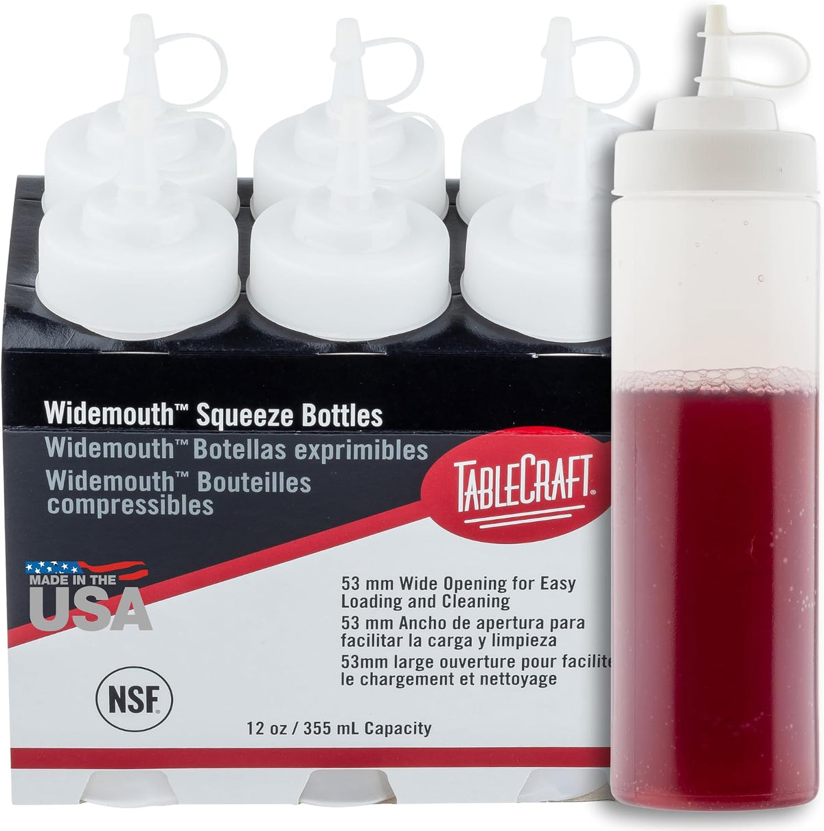 Plastic Condiment Squeeze Bottles, Foodservice Restaurant Commercial Use Widemouth 53mm, Cone-Tip Top w/Tethered Cap for Olive Oil, BBQ Sauce, Dressing, Food Prep, 8 oz, 237 mL, Clear, 6