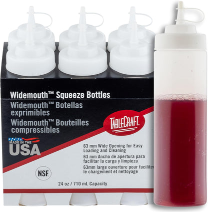 Plastic Condiment Squeeze Bottles, Foodservice Restaurant Commercial Use Widemouth 53mm, Cone-Tip Top w/Tethered Cap for Olive Oil, BBQ Sauce, Dressing, Food Prep, 8 oz, 237 mL, Clear, 6