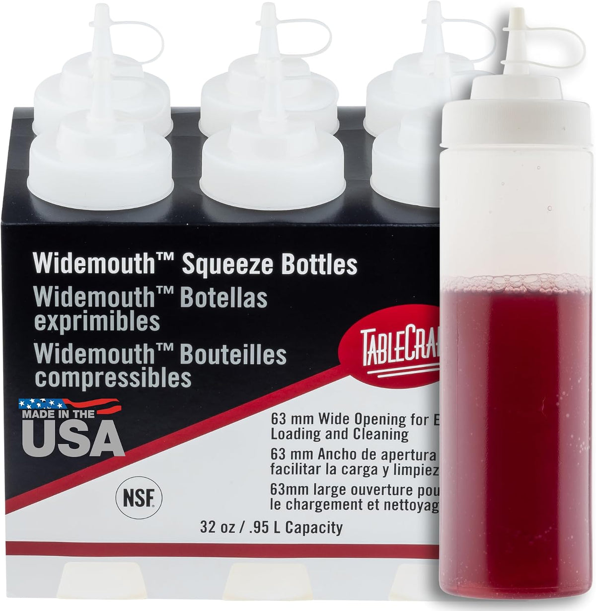 Plastic Condiment Squeeze Bottles, Foodservice Restaurant Commercial Use Widemouth 53mm, Cone-Tip Top w/Tethered Cap for Olive Oil, BBQ Sauce, Dressing, Food Prep, 8 oz, 237 mL, Clear, 6