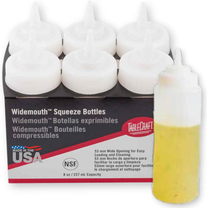 Plastic Condiment Squeeze Bottles, Foodservice Restaurant Commercial Use Widemouth 53mm, Cone-Tip Top w/Tethered Cap for Olive Oil, BBQ Sauce, Dressing, Food Prep, 8 oz, 237 mL, Clear, 6