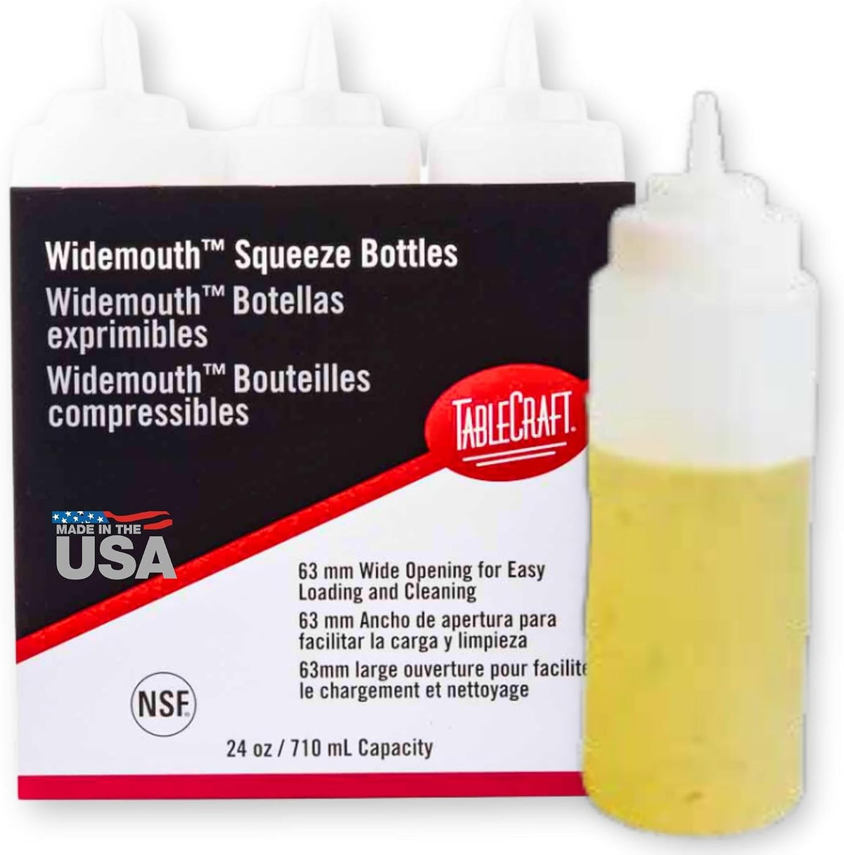 Plastic Condiment Squeeze Bottles, Foodservice Restaurant Commercial Use Widemouth 53mm, Cone-Tip Top w/Tethered Cap for Olive Oil, BBQ Sauce, Dressing, Food Prep, 8 oz, 237 mL, Clear, 6