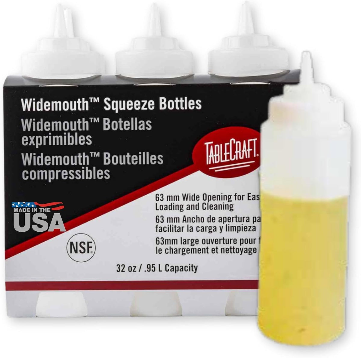 Plastic Condiment Squeeze Bottles, Foodservice Restaurant Commercial Use Widemouth 53mm, Cone-Tip Top w/Tethered Cap for Olive Oil, BBQ Sauce, Dressing, Food Prep, 8 oz, 237 mL, Clear, 6