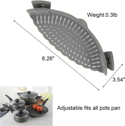 Clip On Strainer Silicone for All Pots and Pans, Pasta Strainer Clip on Food Strainer for Meat Vegetables Fruit Silicone Kitchen Colander (Grey)