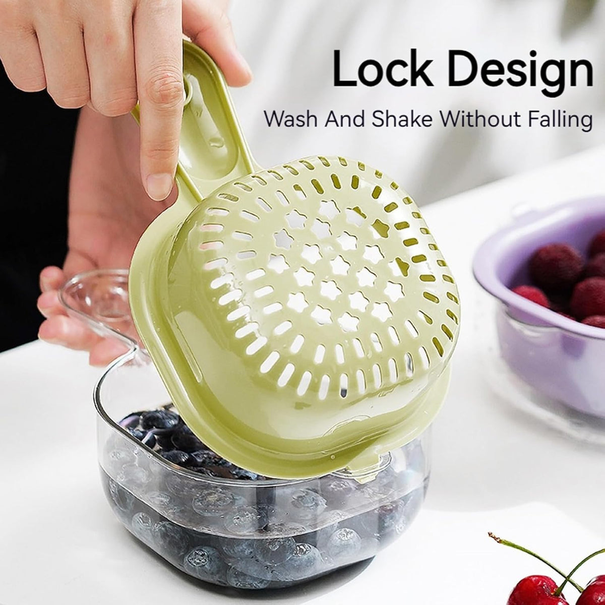 Small Fruit Colander,Fruit Rinser Strainer Container Dual-Layer Vegetable Cutting And Draining Basket,Watermelon Bowl With Strainer For Mini Berry And Tomato Grape Washer (Purple)