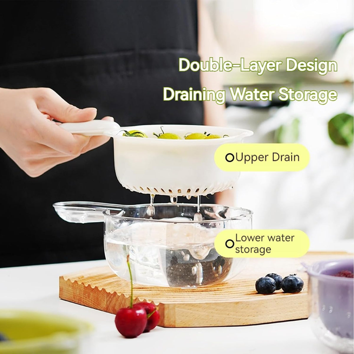 Small Fruit Colander,Fruit Rinser Strainer Container Dual-Layer Vegetable Cutting And Draining Basket,Watermelon Bowl With Strainer For Mini Berry And Tomato Grape Washer (Purple)