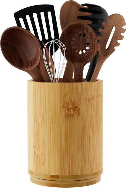 Utensil Holder, Acacia Wood Kitchen Utensil Holder for Countertop, 360°Rotating Cooking Utensil Crock for Kitchen Counter, 7.2" Large Utensil Organizer for Spatula