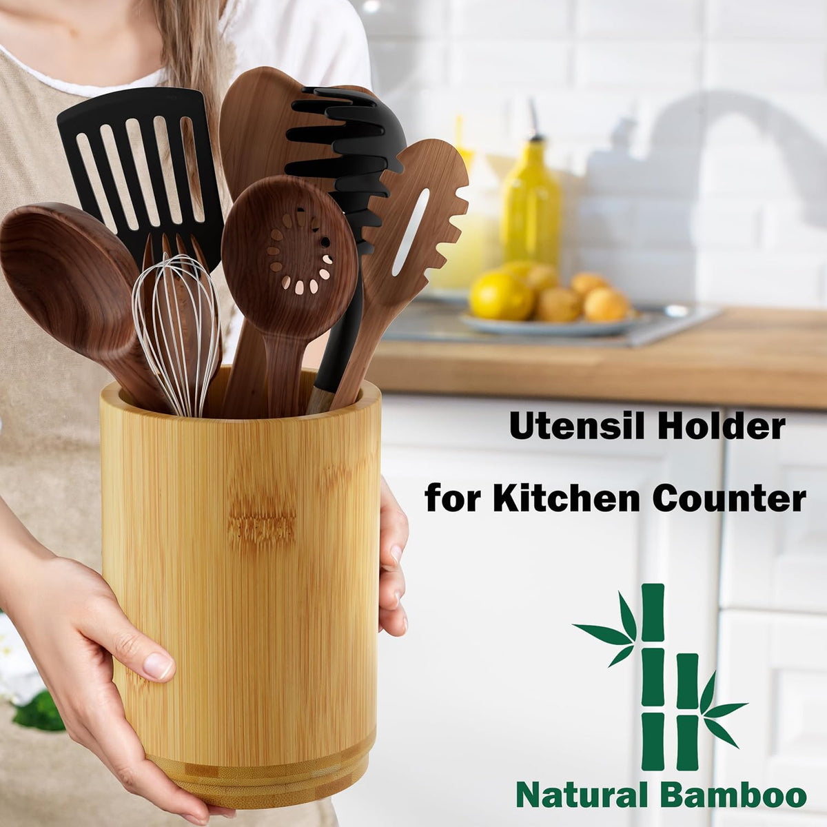 Utensil Holder, Acacia Wood Kitchen Utensil Holder for Countertop, 360°Rotating Cooking Utensil Crock for Kitchen Counter, 7.2" Large Utensil Organizer for Spatula