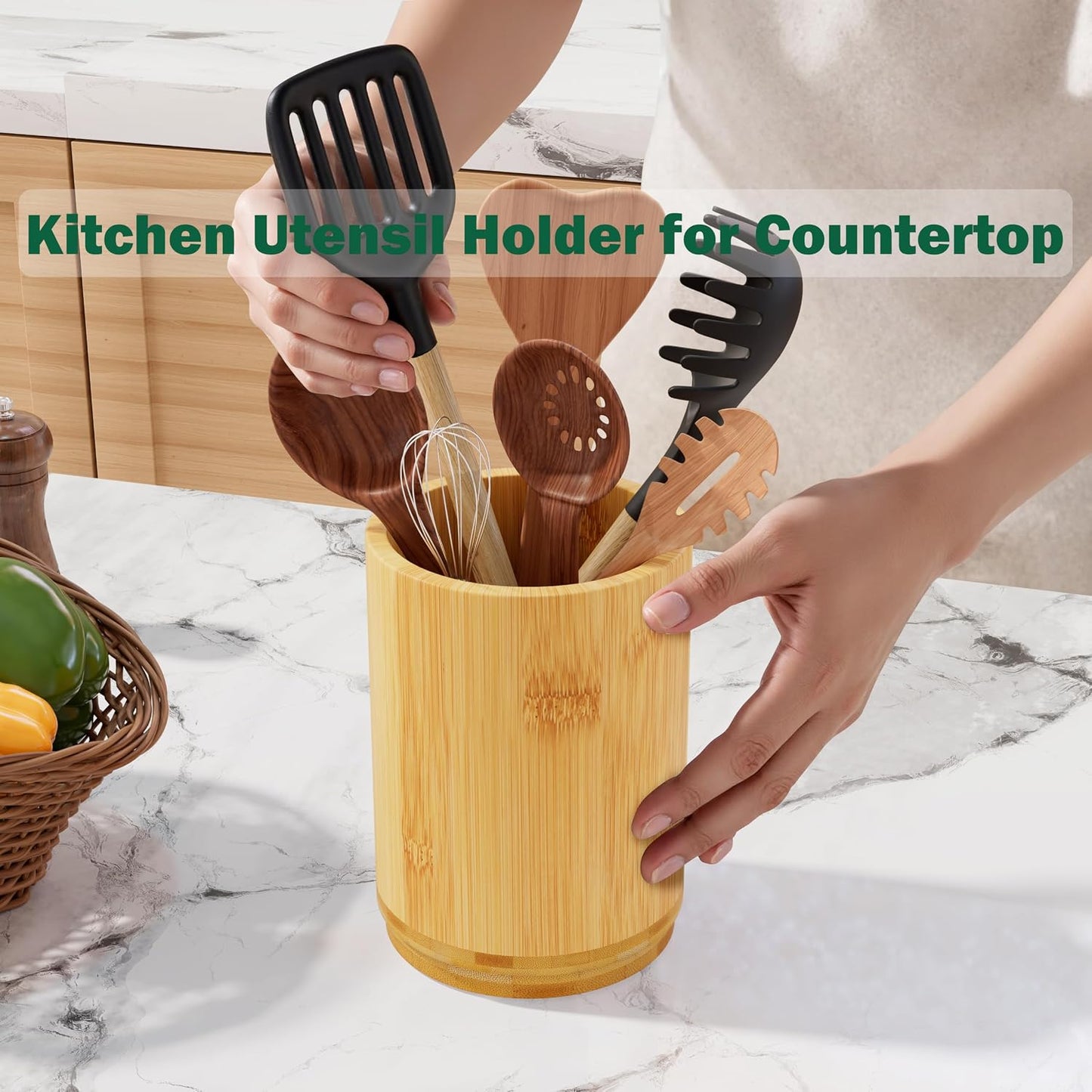 Utensil Holder, Acacia Wood Kitchen Utensil Holder for Countertop, 360°Rotating Cooking Utensil Crock for Kitchen Counter, 7.2" Large Utensil Organizer for Spatula