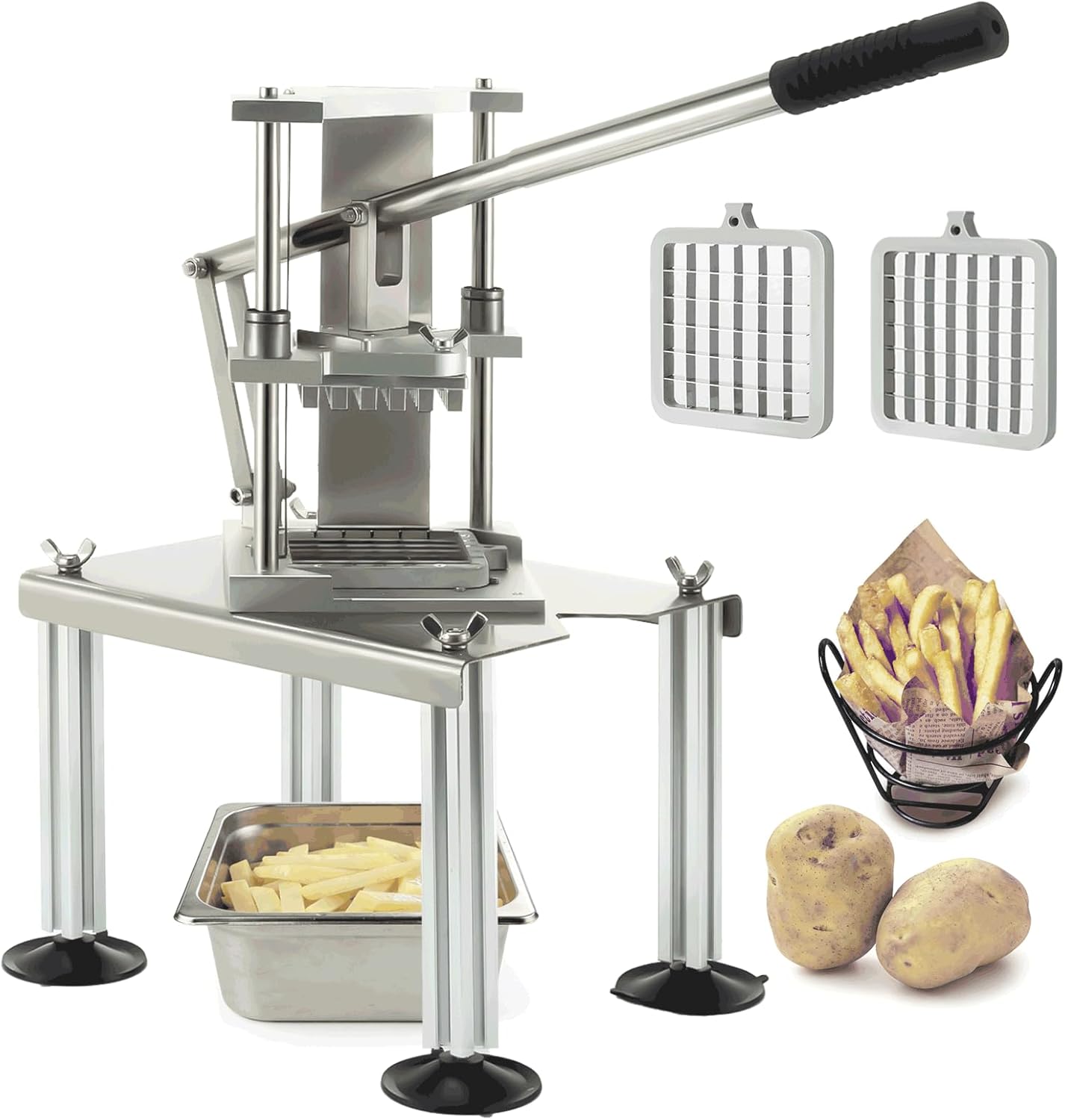 Commercial Fry Cutter, Stainless Steel Potato Slicer | 2 Blades, Suction Base, For Restaurant Food Truck