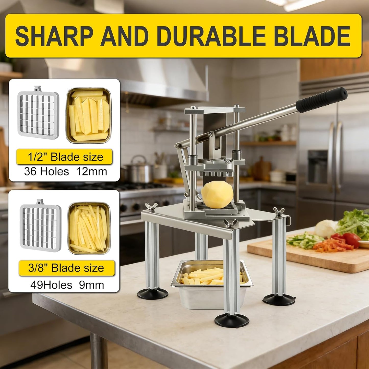 Commercial Fry Cutter, Stainless Steel Potato Slicer | 2 Blades, Suction Base, For Restaurant Food Truck