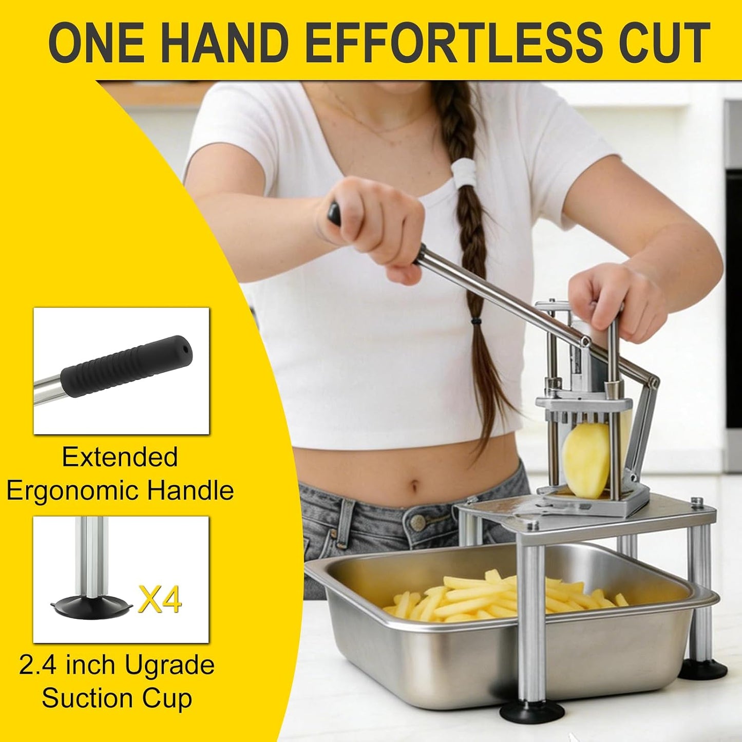 Commercial Fry Cutter, Stainless Steel Potato Slicer | 2 Blades, Suction Base, For Restaurant Food Truck