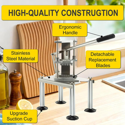 Commercial Fry Cutter, Stainless Steel Potato Slicer | 2 Blades, Suction Base, For Restaurant Food Truck