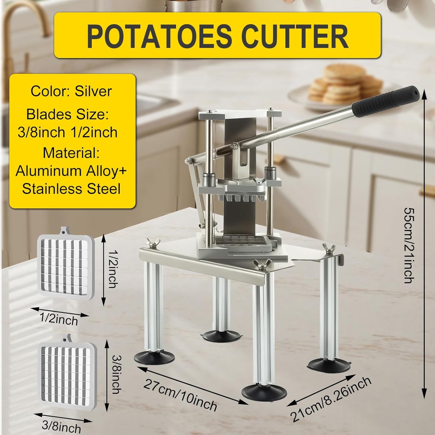Commercial Fry Cutter, Stainless Steel Potato Slicer | 2 Blades, Suction Base, For Restaurant Food Truck