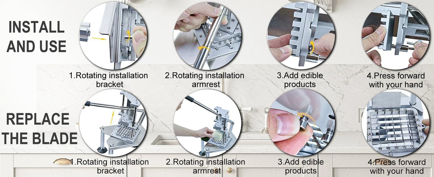 Commercial Fry Cutter, Stainless Steel Potato Slicer | 2 Blades, Suction Base, For Restaurant Food Truck