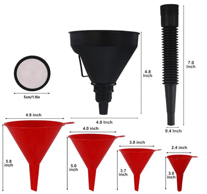 5-Piece Automotive Oil Funnel Set,with Flexible Neck,Funnel Flexible, | automotive funnels set,car funnel set,Filter Screen, Wide Mouth for Gas, Oil, Coolant, Engine Oil