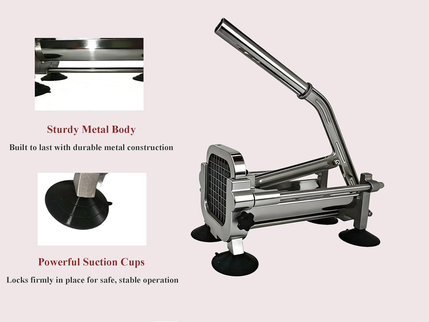 French Fry Cutter Professional Potato Slicer with 3 Interchangeable Blades, Aluminum Alloy Body, Stainless Steel Blades with 4 Large Suction Cups for Home Commercial Use (1/2"&1/4"&3/8" Blade)
