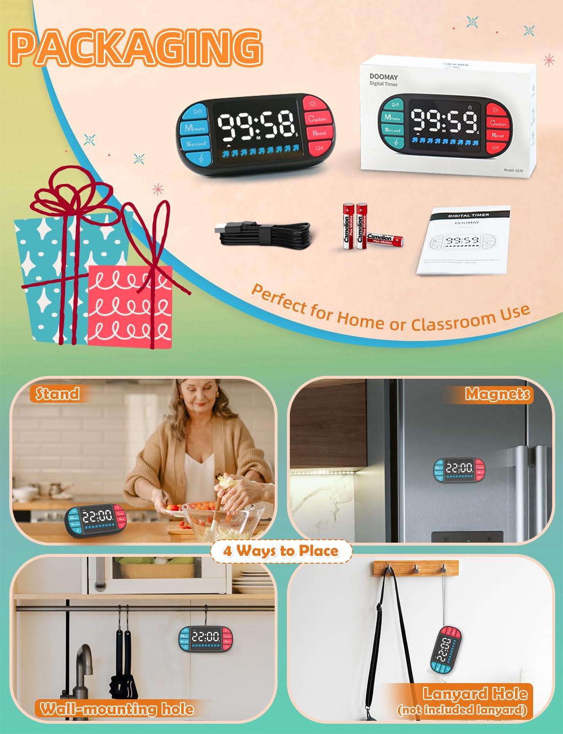 Digital Kitchen Visual Timer: 3.6'' Large LED Display, Magnetic, 3 Brightness, 4 Alarms and Volume, Memory Function, Countdown Count up for Cooking, Classroom, Home Gym, AAA Battery Included