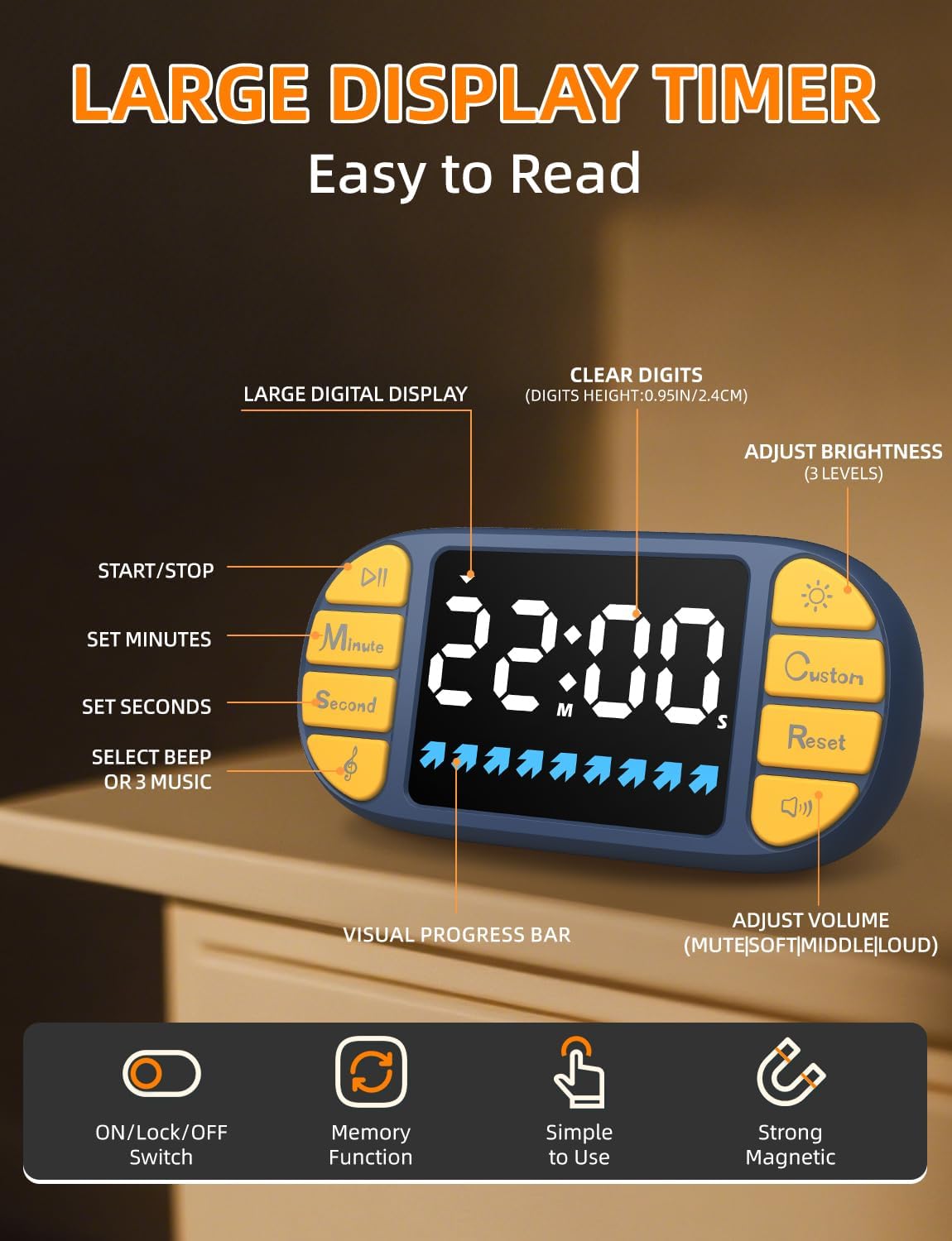 Digital Kitchen Visual Timer: 3.6'' Large LED Display, Magnetic, 3 Brightness, 4 Alarms and Volume, Memory Function, Countdown Count up for Cooking, Classroom, Home Gym, AAA Battery Included