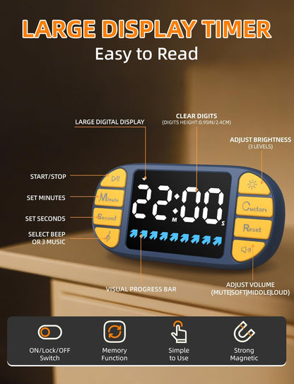 Digital Kitchen Visual Timer: 3.6'' Large LED Display, Magnetic, 3 Brightness, 4 Alarms and Volume, Memory Function, Countdown Count up for Cooking, Classroom, Home Gym, AAA Battery Included