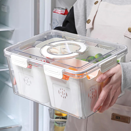 Airtight Fruit Storage Containers for Fridge with Lid & Handle, BPA-Free Snack Box Container with 4 Removable Colanders, Berry Vegetable Fresh Produce Saver, Clear Refrigerator Organizer Bins
