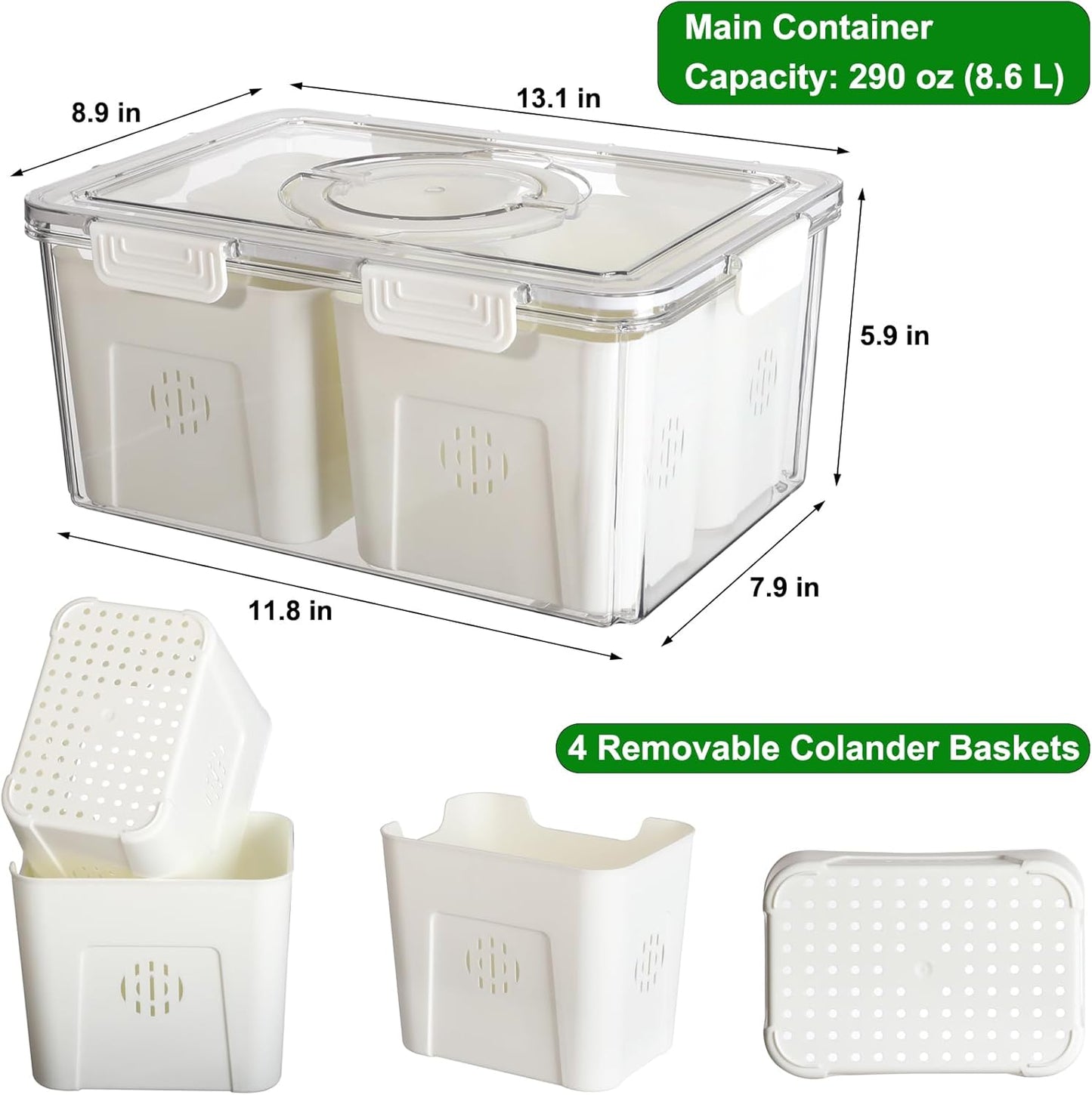 Airtight Fruit Storage Containers for Fridge with Lid & Handle, BPA-Free Snack Box Container with 4 Removable Colanders, Berry Vegetable Fresh Produce Saver, Clear Refrigerator Organizer Bins