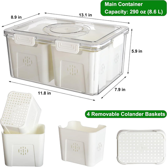 Airtight Fruit Storage Containers for Fridge with Lid & Handle, BPA-Free Snack Box Container with 4 Removable Colanders, Berry Vegetable Fresh Produce Saver, Clear Refrigerator Organizer Bins