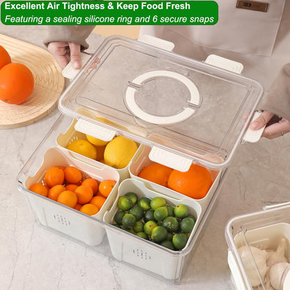 Airtight Fruit Storage Containers for Fridge with Lid & Handle, BPA-Free Snack Box Container with 4 Removable Colanders, Berry Vegetable Fresh Produce Saver, Clear Refrigerator Organizer Bins